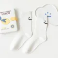 Chaussettes mi-hautes blanches pour femmes avec adorable broderie visage souriant coton - Taille unique / Noir