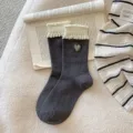 Sweet ruffled cuff mid-tube socks with cute heart embroidery, versatile and cozy daily wear. - One Size / Heart Grey