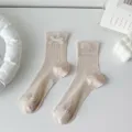 Cute bow ribbed mid-tube socks for women, sweet Japanese style daily wear, beige, soft breathable. - One Size / Khaki