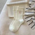 Sweet white mid-calf socks with cute ruffle cuffs and pink bow embroidery for daily wear. - One Size / Bow White