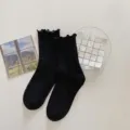 Black Ruffle Cuff Mid-Tube Socks Women Soft Cotton Casual College Style Daily Hosiery - One Size / Black