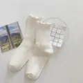 Cotton ruffle mid-calf socks for women, autumn winter slouch socks, cute lace design. - One Size / Milk White