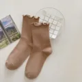 Women ruffle trim mid-tube socks brown cotton cute frilly stacking socks casual hosiery - One Size / Khaki
