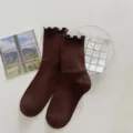 Brown ruffles mid-calf socks for women, stylish cute autumn winter cotton slouch socks. - One Size / Dark Coffee