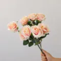 Vintage artificial 9-head rose bouquet in champagne pink, perfect for wedding decor and gifts. - Champagne Pink