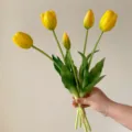 Artificial yellow tulips bouquet, 5 stems soft silicone fake flowers for home decor and table centerpiece. - Yellow