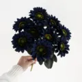 Artificial dark blue sunflower bouquet, 9 heads fake flowers for home wedding decor, 43cm. - Navy Blue