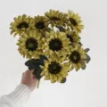 Yellow-green artificial sunflower bouquet 9 heads 43cm faux flowers for home wedding decor. - Yellow Green