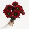 Artificial dark red sunflower bouquet, 9-head faux floral arrangement for home decor wedding. - Dark Red