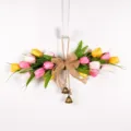 Artificial tulip wreath door hanging decoration with burlap bow and bells for front door. - Pink Yellow White