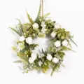 Artificial white rose floral wreath for door hanging, Nordic style green plant wall decor. - White