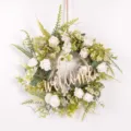 Detailed view of artificial rose flower wreath with wooden welcome sign for home wall decor. - White with Letter