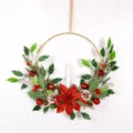 Christmas candle wreath wall hanging with pine needles berries and poinsettia flower decor. - Red with Candle