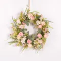 Nordic style artificial rose flower wreath for door hanging, green plant decor item. - Pink