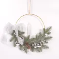 Christmas metal ring wreath candle holder with pine needles and bow for holiday decor - Silver + Candle