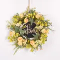 Artificial floral wreath detail, yellow roses and green leaves with welcome sign for home decor. - Yellow & Blackboard Welcome