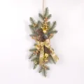Christmas hanging teardrop swag with pinecones, gold berries, and glitter bow for door. - Gold
