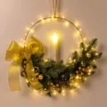 Christmas wreath candle holder hanging golden metal ring pine needles fairy lights decor - Gold + Candle + Light