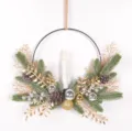 Christmas wreath candlestick detail view, hanging holiday home decor with pine needles & pinecones. - 87343(Without Light) / Gold