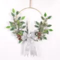 Christmas candle wreath with silver bow pinecones artificial green leaves hanging decor - Silver 20040