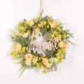 Artificial floral wreath with yellow roses and wooden welcome sign for front door decor. - Yellow with Letter