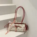 Bonito bolso de hombro con lazo rojo y blanco para mujer, elegante bolso de axila con encaje. - Blanco