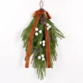 Christmas velvet bow teardrop swag artificial pine needles winter holiday home door decor - White