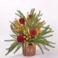 Christmas artificial pine potted plant with tree bark pot red velvet berries and gold glitter. - Golden Fruit + Red Ball