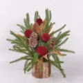 Künstlicher Weihnachts-Tannenzweig-Bonsai mit Rindentopf, festliche Tischdeko für Zuhause. - Tannenzapfen + Roter Ball