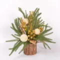 Christmas decorative artificial pine tree bonsai with bark pot and gold berries for home desktop. - Golden Fruit + Beige Ball