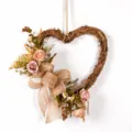 Vintage heart-shaped rattan floral wreath artificial rose bow wall door hanging decor - Pink 83086