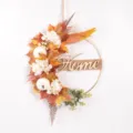 Autumn wreath front door decoration with artificial maple leaves pumpkins and Home wooden sign. - HOME Style