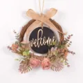 Autumn vintage artificial flower wreath door hanging home decor with welcome sign wood. - With Blackboard Welcome Sign / Pink