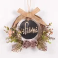 Vintage artificial floral wreath door hanging with welcome sign for home wall decor detail - With Blackboard Welcome Sign / Purple