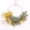 Christmas wreath decoration with golden bow pine needles festive wall hanging for home - 81704 Gold Tone