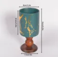 Portacandele a calice in ceramica retrò con base in legno, design marmo verde e oro per arredamento. - Vena Dorata Verde Scuro Grande