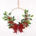 Christmas Wreath Candle Holder Iron Ring Holiday Home Decoration Artificial Plant Bow - Red and Black Plaid 82152