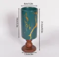 Elegante portacandela in ceramica retrò con base in legno e motivo oro verde. - Vena Dorata Verde Scuro Extra Grande
