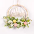 Easter egg wooden bead wreath wall hanging artificial leaves holiday party home decor detail - 85980+Letter