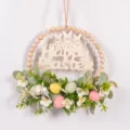 Easter wooden bead wreath wall hanging with artificial leaves bunny decor and colorful eggs - 85980+Rabbit Sign