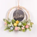 Easter egg wooden bead wreath wall hanging artificial lamb ear leaves holiday home decor - 87118 Knitted Flower+Blackboard