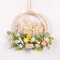 Easter wooden bead wreath wall hanging with faux lamb's ear leaves, speckled eggs and flowers. - 87118 Knitted Flower+Happy Easter