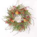 Detailed shot of Christmas wreath with pine needles, berries, and wooden merry christmas sign. - Letter Style (86115+Letter)
