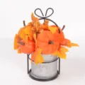 Autumn artificial maple leaf pumpkin ornament in metal bucket for Thanksgiving home table decor - Iron Bucket Pumpkin Decor / 86309