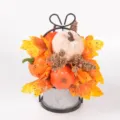 Close up detail of autumn harvest decor with artificial pumpkins, maple leaves and berries in a metal bucket. - Gold Tray Pumpkin Decor / 86310