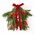 Christmas pentagram pine swag with red velvet bow, gold leaves and berries for holiday decor. - Red 86515