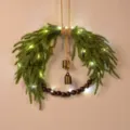 Norfolk pine Christmas wreath detail with wooden beads, brass bells, and LED lights for wall hanging. - With LED Light / S