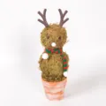Christmas moss reindeer potted plant detail view, decorative holiday miniature ornament. - Brown Antlers (Green Scarf)