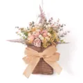 Artificial flower wall hanging rustic woven basket with vintage roses and burlap bow decor. - Color 86011