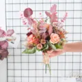 Artificial autumn flower bouquet retro fake roses eucalyptus leaves for home wedding decor - Bouquet 96742